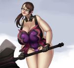  1girl black_hair breasts cattleya glasses huge_breasts queen&#039;s_blade sword weapon 