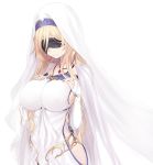  blindfold blonde_hair breasts cape dress goblin_slayer! habit hands_on_own_chest highres jewelry large_breasts lilcat long_hair necklace no_bra no_panties sideboob smile solo sword_maiden underbust veil very_long_hair white_cape white_dress 