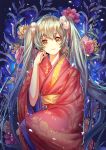  eyebrows_visible_through_hair floating_hair flower green_hair hair_between_eyes hair_ornament haitang hatsune_miku japanese_clothes kimono long_hair long_sleeves looking_at_viewer print_kimono red_flower red_kimono smile solo standing twintails very_long_hair vocaloid wide_sleeves yellow_eyes yellow_flower 