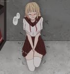  1girl artist_name bangs between_legs blonde_hair blunt_bangs blush breasts brown_sailor_collar brown_skirt collarbone embarrassed eyes_closed female full_body grey_background hand_between_legs hands_together japanese_text legs_together medium_breasts neck_ribbon nose_blush open_mouth original peeing peeing_self pleated_skirt red_neckwear red_ribbon ribbon sailor_collar school_uniform serafuku shirt short_sleeves signature skirt solo speech_bubble squatting talking text_focus thighhighs tokumeiyade translation_request trembling twitter_username v_arms white_legwear white_shirt zettai_ryouiki 