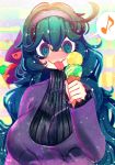  1girl @_@ ahoge al_bhed_eyes artist_name bangs blue_hair blush breasts closed_mouth creatures_(company) dress eyes_closed female fingernails food game_freak gen_1_pokemon gengar hair_between_eyes hairband hakkasame hand_up happy heart hex_maniac_(pokemon) highres holding ice_cream ice_cream_cone large_breasts licking long_hair long_sleeves messy_hair musical_note nail_polish nintendo nose_blush npc_trainer open_mouth pink_nails pokemon pokemon_(creature) pokemon_(game) pokemon_xy purple_dress purple_eyes purple_hairband shiny shiny_hair signature smile solo_focus speech_bubble spoken_musical_note tongue tongue_out turtleneck twitter_username upper_body very_long_hair 