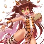  alternate_costume animal_print beans bella_(sennen_sensou_aigis) breasts brown_hair commentary_request cowboy_shot fang fur_trim green_eyes highres long_hair multicolored_hair sennen_sensou_aigis setsubun small_breasts solo tiger_print tsukigami_chronica two-tone_hair very_long_hair white_hair 