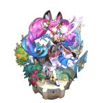 :o bare_shoulders bell cleo_(dragalia_lost) detached_sleeves dragalia_lost dress food fruit full_body gradient_hair high_heels holding holding_staff multicolored_hair non-web_source official_art purple_eyes purple_hair solo staff transparent_background 