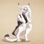  2018 anthro barefoot black_bottomwear black_clothing black_topwear blush breasts caracal claws clothed clothing coy crouching digital_media_(artwork) digitigrade dipstick_tail dress ellie_(yaegerarts) feline female fully_clothed fur hair hand_on_face hi_res little_black_dress long_hair looking_away mammal multicolored_tail no_underwear open_mouth open_smile pink_eyes pink_nose pussy shaded short_dress shy simple_background smile solo toe_claws upskirt white_body white_fur white_hair yaegerarts 
