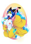  2018 anthro big_breasts blue_fur blue_hair blush breasts canine cherry_agency clothing collar digital_media_(artwork) female fox fur green_eyes hair kayuka(kisuki) looking_at_viewer mammal meme multi_tail multicolored_fur nipples solo thick_thighs twitter_hoodie white_fur yellow_fur 