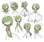  1girl :3 =3 angry annoyed arm_up arms_behind_back blush cheek_bulge closed_mouth constricted_pupils covering_mouth creatures_(company) curtsey embarrassed eyebrows_visible_through_hair eyes_closed female flying_sweatdrops from_behind full_body game_freak gardevoir gen_3_pokemon gift green_hair green_skin hair_over_one_eye hand_up hands_together hands_up happy highres holding looking_at_viewer looking_away looking_down mega_gardevoir multiple_views nervous nintendo no_humans open_mouth pokemon pokemon_(creature) red_eyes shiny shiny_hair short_hair shy simple_background smile standing surprised sweat tazonotanbo two-tone_skin upper_body white_background white_skin 