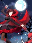  1girl black_dress black_hair boots breasts cape cloak corset crescent_rose dress frilled_dress frills full_body hood hooded_cloak medium_breasts red_cape red_hair ruby_rose rwby scythe short_hair silver_eyes solo standing thighhighs 