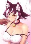  :3 animal_ear_fluff animal_ears artist_name bare_shoulders bell bell_collar black_hair blue_eyes blush breasts cat_ears collar collarbone commentary eyebrows_visible_through_hair gradient gradient_background heterochromia highres jingle_bell kat_(mazume) large_breasts mazume multicolored_hair original pink_background short_hair signature simple_background solo_focus strap_slip studded_collar two-tone_hair upper_body white_hair yellow_eyes 
