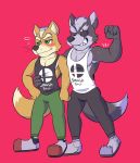  anthro armpit_hair blush canine clothed clothing duo embrace flexing fox fox_mccloud fully_clothed grin male male/male mammal muscular muscular_male nintendo pose shirt smile star_fox sweat tank_top touyakemone video_games wolf wolf_o&#039;donnell 