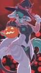  2018 4_fingers anthro black_horn breasts claws clothed clothing dragon female fur furred_dragon green_claws green_fur green_hair green_tongue grey_fur hair halloween hat hi_res holidays horn hybrid mammal partially_clothed pata red_eyes smile solo thick_thighs tongue tongue_out voluptuous white_fur white_pupil witch_hat 