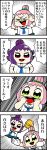  &gt;_&lt; 4koma bkub blue_neckwear blush comic commentary_request doppelganger emphasis_lines eyebrows_visible_through_hair gloves green_eyes green_scrunchie hachigatsu_no_cinderella_nine hair_bun hair_ornament hair_scrunchie hands_on_own_head highres ikusa_katato jumping multiple_girls necktie open_mouth pink_hair pom_poms purple_eyes purple_hair red_scrunchie school_uniform scrunchie shaded_face shirt short_hair shouting simple_background skirt smile speech_bubble speed_lines talking translation_request two-tone_background two_side_up white_gloves 