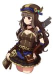  armlet bangs belt black_skirt blunt_bangs blush breasts brown_camisole brown_hair brown_hat choker closed_mouth detached_sleeves eyebrows eyebrows_visible_through_hair gears gun hand_on_hip hat idolmaster idolmaster_cinderella_girls kamiya_nao long_hair medium_breasts omaru_gyuunyuu pouch red_eyes rifle simple_background skirt solo steampunk thick_eyebrows thighs wavy_hair weapon white_background 