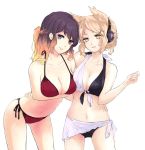  alternate_hairstyle bangs bare_arms bare_legs bare_shoulders bikini black_bikini blonde_hair braid breast_hold breasts cleavage closed_mouth collarbone commentary_request cowboy_shot french_braid front-tie_bikini front-tie_top gradient_hair hand_on_another's_back headphones hijiri_byakuren large_breasts leaning_forward lips long_hair looking_at_viewer mayoln multicolored multicolored_bikini multicolored_clothes multicolored_hair multiple_girls navel pointy_hair ponytail purple_eyes purple_hair red_bikini sarong side-tie_bikini simple_background swimsuit touhou toyosatomimi_no_miko white_background white_bikini yellow_eyes 