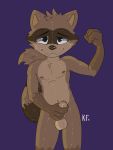  2018 anthro balls black_eyes brown_fur brown_nose cute_fangs digital_media_(artwork) fur half-closed_eyes hand_on_penis humanoid_penis katxfish looking_at_viewer male mammal navel nipples penis procyonid purple_background raccoon shy signature simple_background smile solo uncut young 