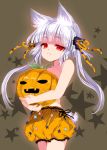  :&lt; absurdres animal_ear_fluff animal_ears bad_revision bangs bloomers brown_background closed_mouth cola commentary_request downscaled_revision eyebrows_visible_through_hair fingernails fox_ears fox_girl fox_tail hair_ribbon halloween head_tilt highres jack-o'-lantern long_hair looking_at_viewer md5_mismatch multiple_tails object_hug orange_bloomers orange_ribbon original red_eyes ribbon silver_hair solo star suzune_rai tail tail_raised topless twintails underwear v-shaped_eyebrows very_long_hair 