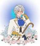  1boy altair_(granblue_fantasy) blush brown_eyes cane commission feathered_wings glasses gloves granblue_fantasy looking_at_viewer moonlore silver_hair sparkle_background wings 
