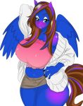  2018 anthro big_breasts blush breasts clothed clothing cutepony digital_media_(artwork) equine eyelashes female fur hair looking_at_viewer mammal mild_breeze navel nipple_bulge open_mouth pegasus simple_background skirt solo standing wings 