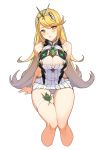  1girl absurdres arms_behind_back bangs blonde_hair blush breasts cleavage cleavage_cutout cropped_legs eyebrows_visible_through_hair flipped_hair hairband head_tilt highres hikari_(xenoblade_2) icarus_(632247131) large_breasts long_hair looking_at_viewer nintendo panties parted_lips sidelocks simple_background sitting skindentation solo swept_bangs thigh_gap thigh_strap underwear white_background white_panties xenoblade_(series) xenoblade_2 yellow_eyes 