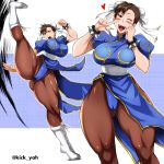  blue_dress blush boots bracelet breasts brown_eyes brown_hair brown_legwear bun_cover china_dress chinese_clothes chun-li commentary_request cross-laced_footwear double_bun dress earrings eyeshadow fighting_stance full_body gold_trim hair_bun heart high_kick highres jewelry kicking kimura_naoki lace-up_boots large_breasts makeup pantyhose pixiv puffy_short_sleeves puffy_sleeves sash short_hair short_sleeves smile solo spiked_bracelet spikes street_fighter thick_thighs thighs v very_short_hair victory_pose white_footwear 