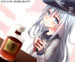  alcohol anchor_symbol artist_name blue_eyes bottle closed_mouth commentary_request dated flat_cap hair_between_eyes hat hibiki_(kantai_collection) hibiki_(whisky) highres kantai_collection long_hair long_sleeves looking_at_viewer neckerchief nuka_(nvkka) object_namesake red_neckwear sailor_collar school_uniform serafuku silver_hair smile solo whiskey 