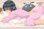  artist_name ass barefoot bed black_hair blue_eyes blush body_pillow breasts dated highres kanji_(white7night) looking_at_viewer lying medium_breasts midriff on_stomach original pajamas panties pants pink_pants pink_shirt shirt short_hair signature solo striped striped_panties stuffed_toy underwear 