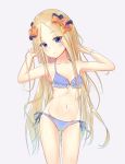  abigail_williams_(fate/grand_order) armpits arms_up ass_visible_through_thighs bangs bare_shoulders bikini black_bow blonde_hair blue_bikini blue_eyes blush body_blush bow bracelet breasts closed_mouth collarbone commentary eyebrows_visible_through_hair eyes_visible_through_hair fate/grand_order fate_(series) forehead grey_background hands_in_hair highres hips jewelry long_hair looking_at_viewer navel orange_bow parted_bangs polka_dot polka_dot_bow sakazakinchan side-tie_bikini simple_background small_breasts solo swimsuit thighs very_long_hair 