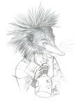 2008 5_fingers afrosoricid ambiguous_gender anthro biped black_and_white bottle bust_portrait clothed clothing front_view fur holding_bottle holding_object jug long_snout mammal monochrome patchwork_clothing pencil_(artwork) portrait psycrowe signature simple_background snout solo spines stitches streaked_tenrec tenrec traditional_media_(artwork) whiskers white_background 