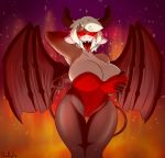  anthro big_breasts bovine breasts cattle clothed clothing costume demon doodle_dip female fur glowing glowing_eyes hair halloween hi_res holidays horn huge_breasts mammal momo_(doodle_dip) nipples open_mouth smile solo thick_thighs tongue 