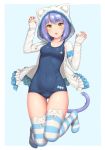  animal_band_legwear animal_hood ass_visible_through_thighs blue_background blue_swimsuit breasts cat_band_legwear cat_hood cat_tail claw_pose collarbone drawstring eyebrows_visible_through_hair full_body highres hood hood_up hooded_jacket jacket long_sleeves looking_at_viewer medium_breasts medium_hair no_shoes old_school_swimsuit one-piece_swimsuit open_mouth original purple_hair sasaame school_swimsuit simple_background solo striped striped_legwear swimsuit tail thigh_gap thighhighs yellow_eyes 