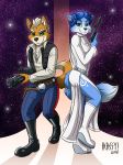  2018 anthro belt blue_fur blue_hair boots breasts canine cape clothing cosplay dipstick_tail dress female footwear fox fox_mccloud full_body fur green_eyes gun hair heresy_(artist) krystal looking_at_viewer male mammal mohawk multicolored_tail nintendo orange_fur ranged_weapon space star_fox star_wars vest video_games weapon white_hair 