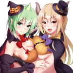  :d black_gloves blonde_hair blush bow breast_press breasts brown_eyes cape character_request cleavage colored_eyelashes commentary_request fang gloves green_eyes green_hair halloween hat horns huyumitsu jack-o'-lantern large_breasts mini_hat mini_top_hat mini_witch_hat monmusu_harem monster_girl multiple_girls open_mouth pumpkin purple_bow red_bow sideboob smile symmetrical_docking top_hat underboob upper_body white_background witch_hat 