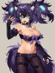  animal_ears bare_shoulders beltbra black_nails blue_eyes blue_hair bow breasts cao_hong_anh cerberus_(kemono_friends) claw_pose claws collar collarbone commentary cowboy_shot cutoffs dog_ears dog_tail elbow_gloves eyebrows_visible_through_hair fangs fingerless_gloves gloves highres kemono_friends large_breasts lipstick makeup midriff multicolored_hair nail_polish name_tag navel open_mouth pantyhose purple_hair purple_lipstick saliva scar scar_across_eye short_hair short_twintails solo spiked_collar spikes tail thigh_strap twintails 