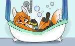  2018 5_fingers amber_(mancoin) anthro bath bathing black_fur black_nose blue_eyes breasts bubble canine digital_media_(artwork) dosent female fox foxyverse fur hair heterochromia hi_res long_hair looking_at_viewer mammal nude red_eyes simple_background small_breasts smile solo water white_fur 