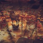  autumn_leaves branch danfango deer highres looking_away no_humans original outdoors puddle rain ripples scenery 