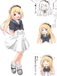  arms_behind_back blonde_hair blue_eyes blue_sailor_collar comiching commentary_request dress expressions frilled_legwear full_body hat highres jervis_(kantai_collection) kantai_collection looking_at_viewer multiple_views sailor_collar sailor_dress sailor_hat short_sleeves simple_background smile socks translation_request white_background white_hat white_legwear 