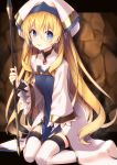  bangs between_legs blonde_hair blue_eyes blush breasts cave cleric commentary_request dress eyebrows_visible_through_hair goblin_slayer! hair_between_eyes hand_between_legs hand_up hat holding holding_staff long_hair long_sleeves looking_at_viewer parted_lips priestess_(goblin_slayer!) sitting small_breasts solo staff tahya thighhighs very_long_hair wariza weapon white_dress white_hat white_legwear wide_hips wide_sleeves 