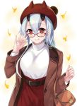  adjusting_eyewear bag bangs beanie belt belt_buckle blush breasts brown_belt brown_coat buckle closed_mouth coat eyebrows_visible_through_hair fate/grand_order fate_(series) ginkgo ginkgo_leaf glasses hair_between_eyes hand_up handbag harimoji hat horned_headwear horns long_hair long_sleeves medium_breasts oni oni_horns open_clothes open_coat red-framed_eyewear red_eyes red_hat red_skirt shirt silver_hair skirt smile solo tomoe_gozen_(fate/grand_order) white_shirt 