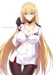  absurdres azur_lane bangs black_gloves blonde_hair blue_eyes blush breasts brown_legwear buttons character_name choker cleavage closed_mouth collarbone commentary_request cross cross_choker gloves hair_between_eyes hairband hand_up harukon_(halcon) heart highres hips jacket large_breasts long_hair long_sleeves looking_at_viewer military military_uniform miniskirt north_carolina_(azur_lane) pantyhose simple_background skirt smile solo thighs uniform very_long_hair white_background white_jacket white_skirt 