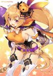  armlet bare_shoulders belt blonde_hair blush bow bowtie breasts cape commentary_request dragalia_lost elisanne fang garter_straps gauntlets gloves hair_ornament hair_ribbon jack-o'-lantern jack-o'-lantern_hair_ornament open_mouth ponytail purple_eyes ribbon sideboob solo star super_zombie thighhighs 