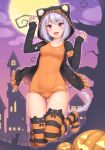  :d alternate_color_school_swimsuit animal_band_legwear animal_hood ass_visible_through_thighs breasts cat_band_legwear cat_hood cat_tail claw_pose collarbone commentary_request drawstring eyebrows_visible_through_hair full_body full_moon halloween highres hood hood_up hooded_jacket jacket lavender_hair long_sleeves looking_at_viewer medium_breasts medium_hair moon no_shoes old_school_swimsuit one-piece_swimsuit open_mouth orange_swimsuit original pumpkin purple_eyes sasaame school_swimsuit smile solo striped striped_legwear swimsuit tail thigh_gap thighhighs tree 