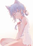  animal_ears bangs bare_arms bare_shoulders between_legs blue_eyes blue_hair blue_ribbon blush cat_ears closed_mouth commentary_request dress eyebrows_visible_through_hair hair_ribbon hand_between_legs hand_up head_tilt looking_at_viewer looking_to_the_side original ribbon sha2mo sitting sleeveless sleeveless_dress solo white_dress 