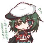  bangs black_cape blush_stickers brown_gloves cape commentary_request eyebrows_visible_through_hair eyepatch flying_sweatdrops food gloves green_eyes green_hair hair_between_eyes hat holding holding_spoon kantai_collection kiso_(kantai_collection) komakoma_(magicaltale) looking_at_viewer midriff navel parted_lips peaked_cap pleated_skirt pudding shirt short_sleeves sideways_hat simple_background skirt solo spoon translation_request white_background white_hat white_shirt white_skirt 