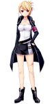  belt black_footwear black_jacket black_skirt blonde_hair breasts cleavage cuts full_body hand_on_hip injury jacket looking_at_viewer medium_breasts official_art olga_volonov patriarch_xtasy pink_eyes short_hair skirt smile solo transparent_background 