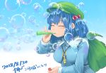  artist_name backpack bag blue_hair breasts bubble bubble_blowing character_name closed_eyes dated hair_bobbles hair_ornament hat highres kanji_(white7night) kawashiro_nitori key long_sleeves medium_breasts shirt short_hair short_twintails signature solo touhou twintails 