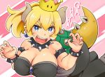  blue_earrings bowsette bracelet breasts claw_pose cleavage collar commentary_request crown eyebrows eyebrows_visible_through_hair haruka_(yakitoritabetai) jewelry laughing looking_at_viewer mario_(series) new_super_mario_bros._u_deluxe sharp_teeth solo spiked_armlet spiked_bracelet spiked_collar spiked_shell spiked_tail spikes super_crown tail teeth turtle_shell 