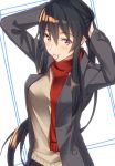  black_hair black_jacket blush breasts grey_shirt hair_between_eyes hair_tie jacket kantai_collection large_breasts long_hair looking_at_viewer mouth_hold open_clothes open_jacket pallad ponytail red_eyes red_scarf scarf shirt sidelocks simple_background smile solo tying_hair upper_body very_long_hair white_background yahagi_(kantai_collection) 