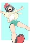  bangs bare_legs beanie black_hair blue_eyes commentary falling green_shorts happy hat highres hirakata_masahiro midriff mizuki_(pokemon) navel pokemon pokemon_(game) pokemon_sm red_hat shirt shoes short_hair short_shorts short_sleeves shorts smile sneakers solo swept_bangs tank_top tied_shirt undershirt upshirt 