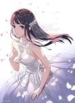  blue_eyes breasts brown_hair cleavage collarbone dress floating_hair highres long_dress long_hair looking_at_viewer medium_breasts original parted_lips petals sleeveless sleeveless_dress solo soyubee wedding_dress white_background white_dress 
