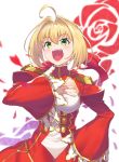  absurdres ahoge bangs blonde_hair blurry blurry_foreground braid breasts commentary depth_of_field dress epaulettes eyebrows_visible_through_hair fate/extra fate/grand_order fate_(series) floral_print flower french_braid green_eyes hair_bun hair_intakes hair_ribbon hand_on_hip hand_on_own_chest highres joker_(tomakin524) juliet_sleeves long_dress long_sleeves looking_at_viewer medium_breasts nero_claudius_(fate) nero_claudius_(fate)_(all) open_mouth puffy_sleeves red_dress red_flower red_petals red_ribbon red_rose ribbon rose rose_print short_hair smirk solo standing upper_body 