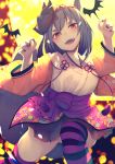  :d animal_ear_fluff animal_ears arm_up bangs blurry blurry_background bow breasts chita_(ketchup) commentary_request depth_of_field eyebrows_visible_through_hair fang fingernails floral_print flower_knot fox_ears fox_girl fox_mask fox_tail full_moon glowing grey_hair grey_nails hair_between_eyes hand_up haori head_tilt highres japanese_clothes kimono long_hair long_sleeves looking_at_viewer mask mask_on_head medium_breasts moon nail_polish open_mouth original panties pleated_skirt print_kimono print_skirt purple_bow purple_ribbon purple_skirt red_eyes ribbon short_eyebrows short_kimono skirt smile solo striped striped_legwear tail tail_raised thick_eyebrows thighhighs underwear white_kimono white_panties 